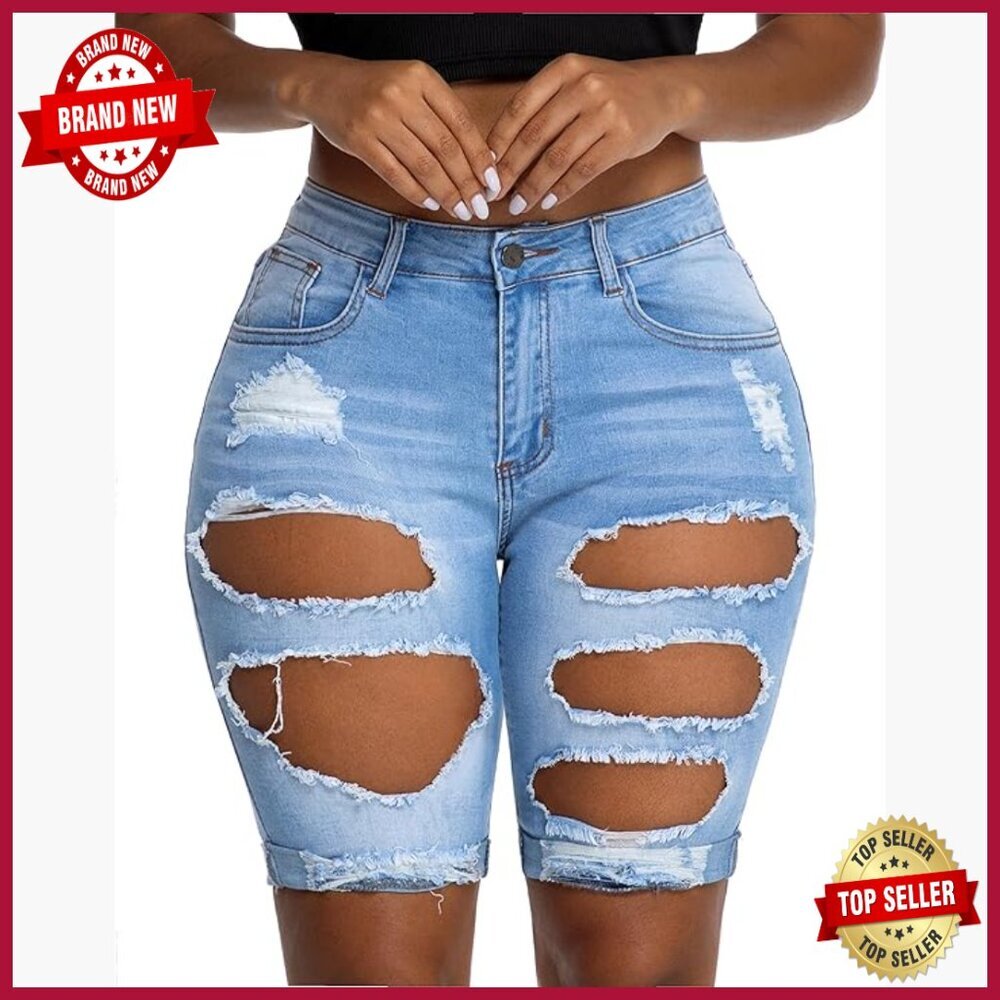 Knee Length Ripped Denim Shorts Stretchy Bermuda Fit Women's